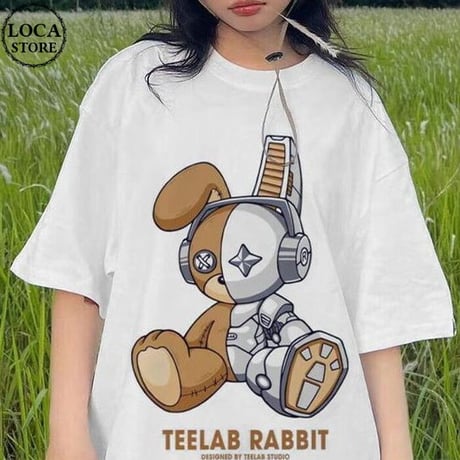 ユニセックス Tシャツ 半袖 サイボーグラビット うさぎ バックプリント オーバーサイズ カジュアル ストリート系ファッション 韓国ファッション メンズ レディース DTC-708163539516