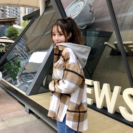パーカー ネルシャツ 韓国ファッション レディース チェック柄 レイヤード 重ね着風 フード脱着 厚手 アウター 秋冬 カジュアル (DTC-601523687618)