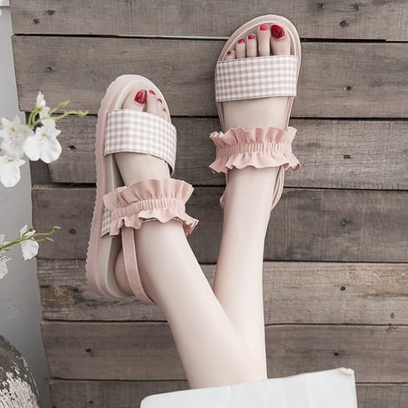 チェック柄 サンダル フリル 22.5～25.0cm アンクルストラップ 厚底サンダル かわいい 歩きやすい フェミニン DTC-614103536889