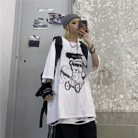 ユニセックス Tシャツ 半袖 ドロップショルダー ダーティーベア オーバーサイズ 韓国ファッション メンズ レディース トップス 暗黒系 ストリートファッション DTC-621077252226