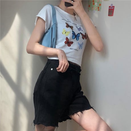 Tシャツ 半袖 袖切りっぱなし ショート丈 バタフライ 蝶 ホワイト 韓国ファッション レディース 大人可愛い ガーリー DTC-614247121002_wt