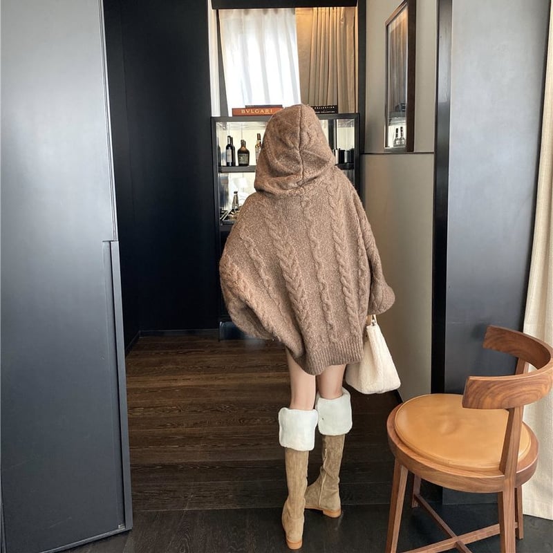 レディース 韓国購入お洒落なニットフ一ド付きケ一プホンチョ可愛い❤️