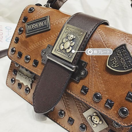 2wayバッグ スクエアバッグ ミニバッグ スタッズ クマのプレート ショルダーバッグ ハンドバッグ ショルダーストラップ レトロ 韓国ファッション レディース DTC-579560992132