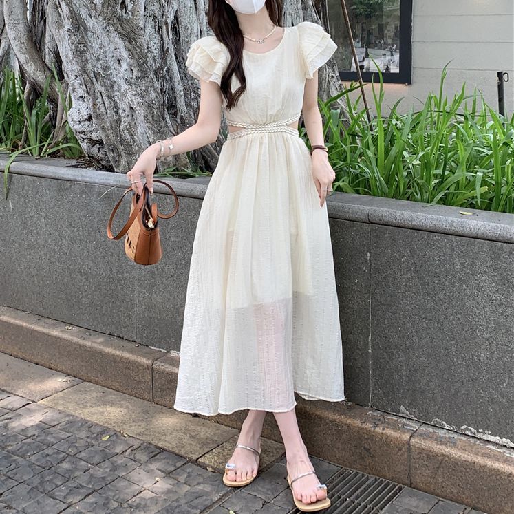 背中開き ワンピース バックオープン フライングスリーブ ロング丈