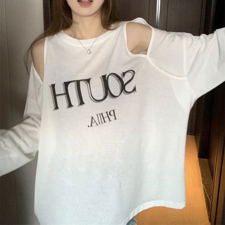 【2カラー】 Tシャツ オープンショルダー 肩開き 長袖 カットソー ショルダーカット レトロ 韓国ファッション レディース 大人可愛い ガーリー カジュアル DTC-674364573182