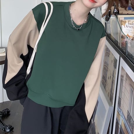 バイカラー トレーナー ルーズ プルオーバー レトロ 韓国ファッション レディース カジュアル 韓国ストリートファッション DTC-683463069417