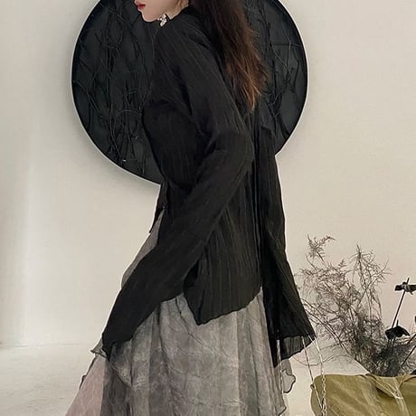 ブラウス 不規則デザイン フレアスリーブ ストライプ柄 スリム シャツ トップス ショート丈 長袖 レトロ 韓国ファッション レディース 大人可愛い ガーリー DTCA-714875873808