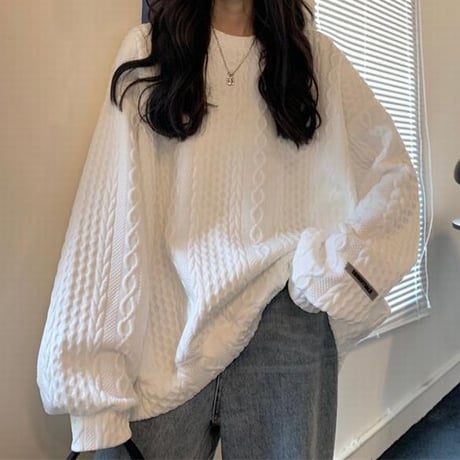 トレーナー トップス ケーブル模様 長袖 クルーネック オーバーサイズ ゆったり 大きめ レトロ 韓国ファッション レディース カジュアル ストリート系 DTC-658176929077