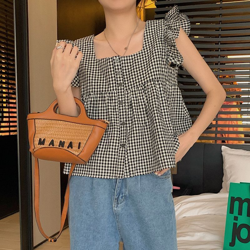 チェック柄 ラッフルフリル ブラウス スクエアネック