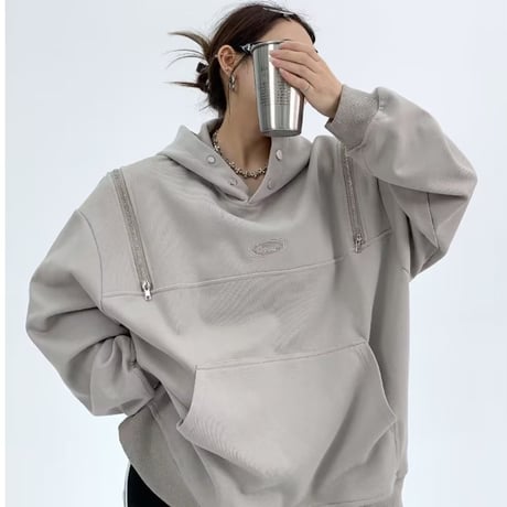 プルオーバー パーカー ショルダージップ ロゴ トップス フード付き スウェット オーバーサイズ ルーズ 長袖 大人可愛い ガーリー カジュアル DTCA-753307374245