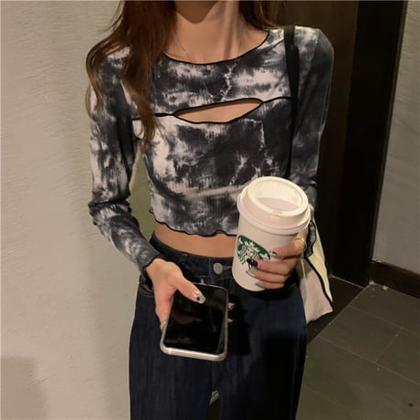 長袖 Tシャツ タイダイ染 胸あき ショート丈 韓国ファッション レディース ロングTシャツ ロンt トップス セクシー カットソー 大人可愛い ガーリー DTC-682182972364