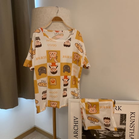 ルームウェア パジャマ セットアップ ラウンドネック プリント ウエストゴム 上下セット トップス ショートパンツ 部屋着 大人可愛い ガーリー フェミニン DTC-642929082786