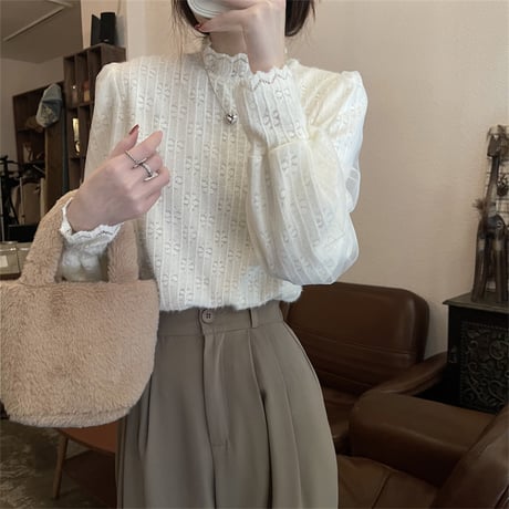 ブラウス ハーフハイネック パフスリーブ 起毛 レース トップス 長袖 プルオーバー レトロ 韓国ファッション レディース 大人可愛い ガーリー フェミニン DTC-689641806585