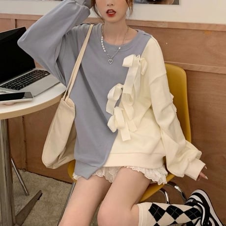 バイカラー リボン トレーナー トップス クルーネック ゆったり 不規則デザイン 長袖 レトロ 韓国ファッション レディース 大人可愛い ガーリー フェミニン DTC-655495373963
