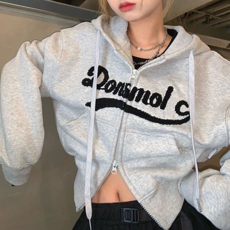 ダブルジップ パーカー ショート丈 トップス ルーズ 長袖 レトロ 韓国ファッション レディース 大人可愛い ガーリー カジュアル DTC-700158220813