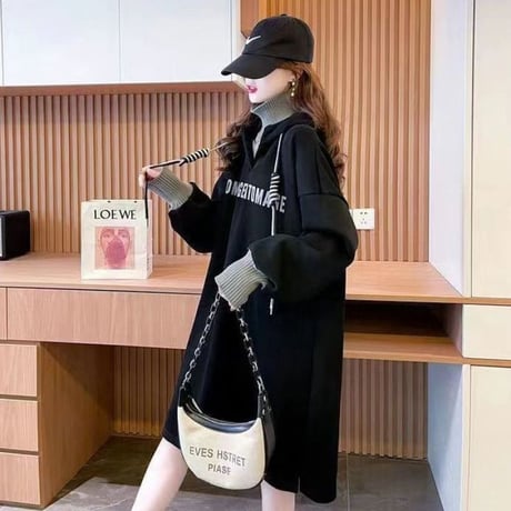 フェイクレイヤード パーカー プルオーバー 裏起毛 ロング丈 フード付き スウェット ワンピース ルーズ 長袖 秋 冬 レトロ 大人可愛い ガーリー カジュアル DTC-749423286319