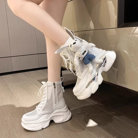 厚底 ショートブーツ 22.0～24.5cm メッシュ ぬいぐるみ付き サイドジップ レースアップ カジュアル 韓国ファッション レディース 歩きやすい おしゃれ DTC-698506329895