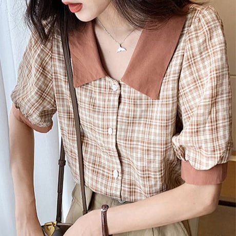 チェック柄 ブラウス シャツ パフスリーブ 半袖 バイカラー レトロ 韓国ファッション レディース 大人可愛い ガーリー フェミニン DTCA-642810095273