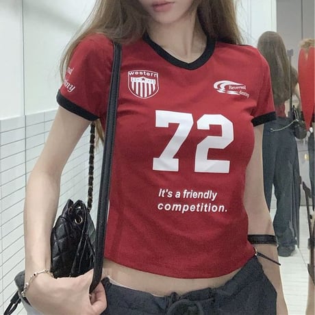 Tシャツ ユニフォーム風 サイドライン Vネック ショート丈 バイカラー トップス 半袖 レトロ 韓国ファッション レディース 大人可愛い ガーリー スポーツミックス DTC-802799667904