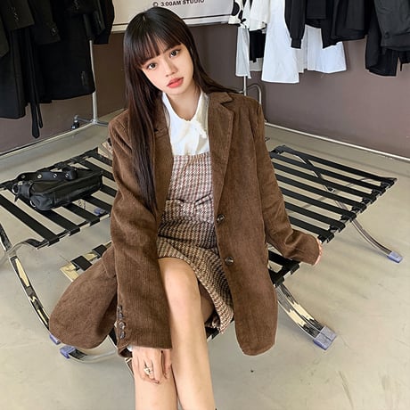コーデュロイ テーラードジャケット ルーズ シングルブレスト 韓国ファッション レディース 長袖 大人可愛い ガーリー DTC-632327247917