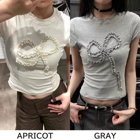 立体リボン Tシャツ リボンコード フリル タイト スリムフィット ショート丈 クルーネック 半袖 レトロ 大人可愛い ガーリー カジュアル DTCA-802763810438