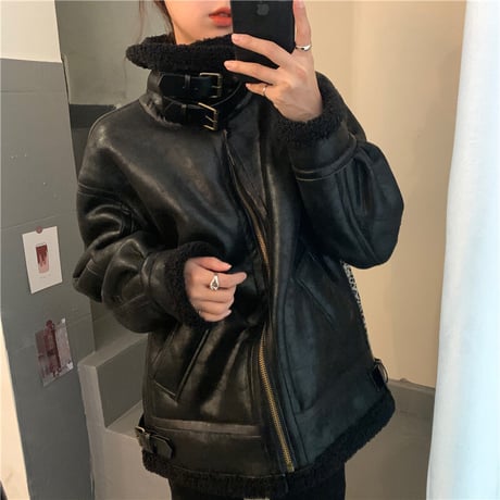 フェイクレザー ジャケットブルゾン フライトジャケット 合成皮革 ボマー ボア 暖かい アウター オーバーサイズ 韓国ファッション レディース 大人可愛い ガーリー DTC-660791367014