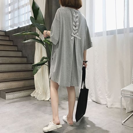 Tシャツワンピース レースアップ バックリボン ゆったり ルーズ チュニック 半袖 レトロ 韓国ファッション レディース 大人可愛い ガーリー DCT-556806546749