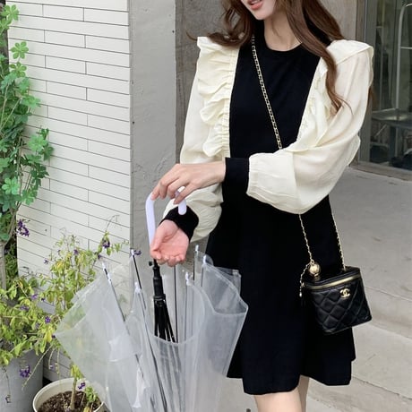 フリル ワンピース バイカラー パフスリーブ ハイウエスト 長袖 Aライン シンプル レトロ 韓国ファッション レディース 大人可愛い ガーリー DTC-683186066319