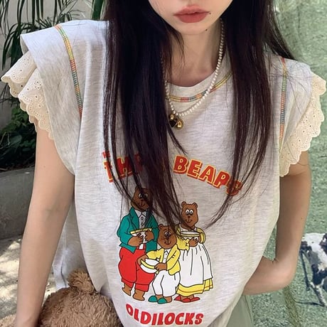 Tシャツ フライングスリーブ レース トップス ノースリーブ オーバーサイズ レトロ 韓国ファッション レディース 大人可愛い ガーリー カジュアル DTC-768900343552