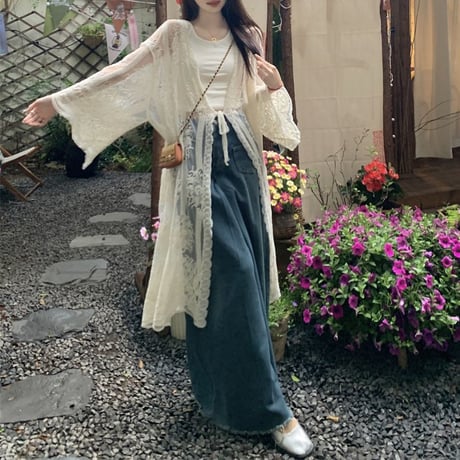 レースカーディガン ロングカーディガン シアー かぎ針編み 刺繍 Vネック ルーズ 長袖 レトロ 韓国ファッション レディース 大人可愛い ガーリー DTC-771366373764