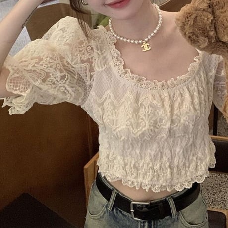 レース ブラウス スクエアネック 半袖 パフスリーブ ショート丈 レトロ 韓国ファッション レディース 大人可愛い ガーリー フェミニン DTC-713998980520
