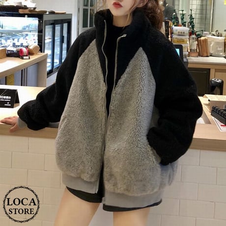 ボアブルゾン バイカラー アウター 韓国ファッション レディース ブルゾン ジャケット もこもこ フロントジッパー カジュアル 秋 冬 (DTC-605491386925)