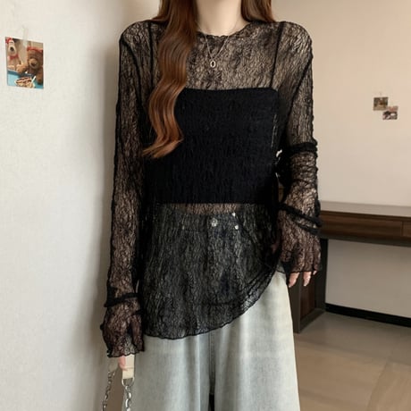 シアートップス レース tシャツ トップス クルーネック UVカット シアーtシャツ ゆったり ルーズ 長袖 レトロ 大人可愛い ガーリー トレンド DTCA-907055529072