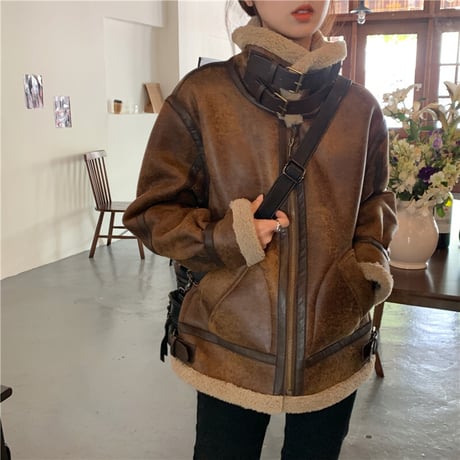 フェイクレザー ジャケットブルゾン フライトジャケット 合成皮革 ボマー ボア 暖かい アウター オーバーサイズ 韓国ファッション レディース 大人可愛い ガーリー DTC-660791367014