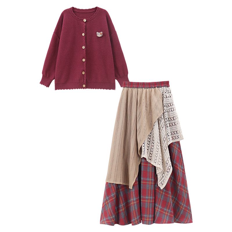 チェック柄カーディガン＆スカートセット セットアップ カーディガン クマちゃん ロングスカート 不規則
