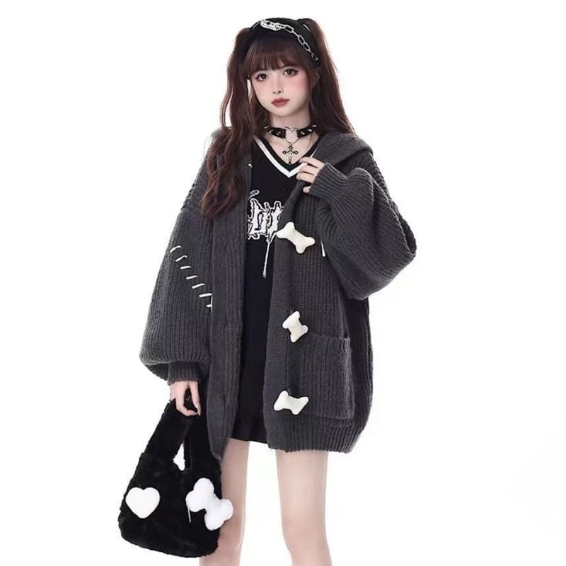 希少 MAD PUNKS フード付き髑髏プリント 変形 ニットカーディガン 黒白 希少 MAD PUNKS フード付き髑髏プリント 変形 ニットカーディガン 黒白