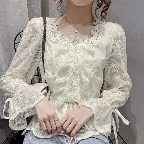 ブラウス レース フリル レースアップ スクエアネック キャンディースリーブ 長袖 レトロ 韓国ファッション レディース 大人可愛い ガーリー フェミニン DTC-654600702206