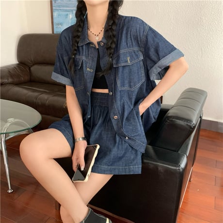 セットアップ デニムシャツ デニムショートパンツ 半袖 パンツスーツ ゆったり デニム レトロ 韓国ファッション レディース 大人可愛い ガーリー カジュアル DTC-675222209220