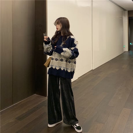 セットアップ ノルディック柄 セーター ＋ コーデュロイパンツ ワイドパンツ 韓国ファッション レディース ニット ウエストゴム (DTC-608882795600)