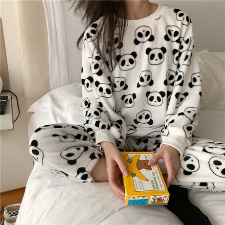 【ルームウェア】 パジャマ セットアップ パンダ柄 長袖 韓国ファッション レディース ラウンドネック もこもこ トップス + パンツ 上下セット レトロ DTC-627029965772
