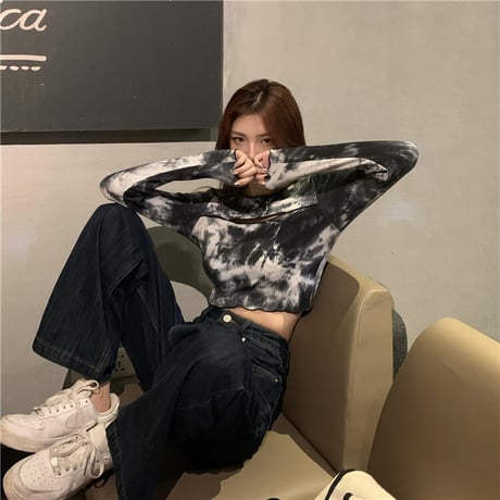 長袖 Tシャツ タイダイ染 胸あき ショート丈 韓国ファッション レディース ロングTシャツ ロンt トップス セクシー カットソー 大人可愛い ガーリー DTC-682182972364