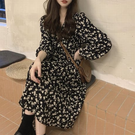 花柄 ワンピース Vネック ハイウエスト 伸縮性ウエスト Aライン 長袖 ロング丈 レトロ 韓国ファッション レディース 大人可愛い ガーリー フェミニン DTCA-709675664395