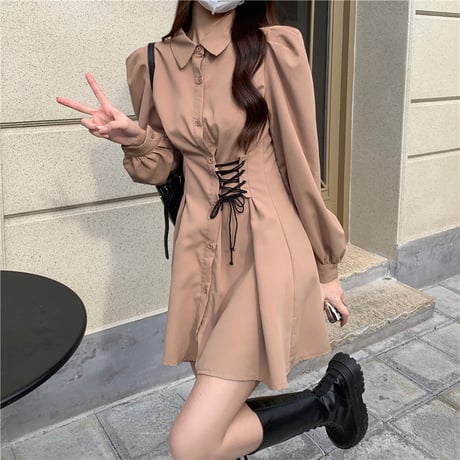 シャツワンピース レースアップ ハイウエスト 編み上げ ポロカラー ハイウエスト 長袖 レトロ 韓国ファッション レディース 大人可愛い ガーリー フェミニン DTC-666508142667
