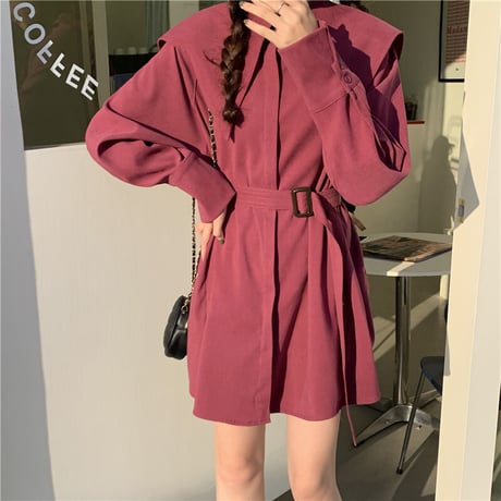 ブラウス シャツ 大きい襟 ベルト 長袖 韓国ファッション レディース ワンピース トップス ゆったり カットソー 大人可愛い ガーリー DTC-625594554550