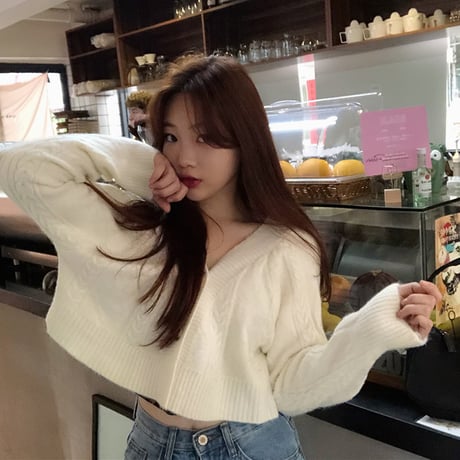 韓国ファッション ショート丈カーディガン カーディガン ニット ケーブル編み シングルブレスト 大人カジュアル 韓国 レディース (DTC-602860770377)