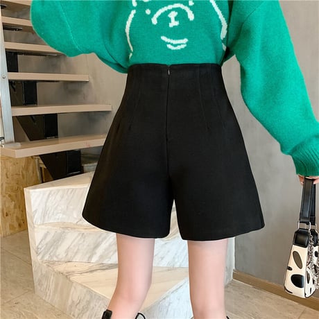 ショートパンツ ウール調 ハイウエスト ワイドパンツ ワイドレッグパンツ レトロ 韓国ファッション レディース 大人可愛い ガーリー カジュアル DTC-659111554810