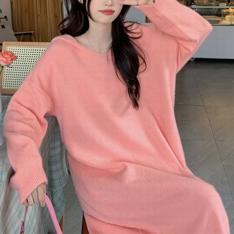 フード付き ニットワンピース ロングワンピース ルーズ ゆったり ルーズウエスト 長袖 レトロ 韓国ファッション レディース 大人可愛い ガーリー DTC-682629628231