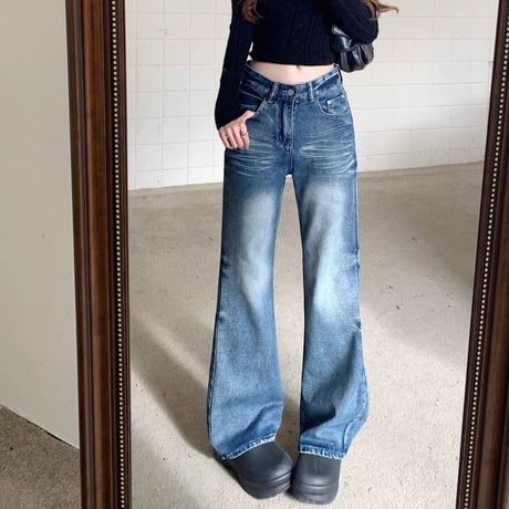 デニムパンツ ブラスト加工 スリム Gパン デニム ドレープ ボトムス ハイウエスト ルーズ パンツ ズボン レトロ 大人可愛い ガーリー カジュアル DTCA-863235522285