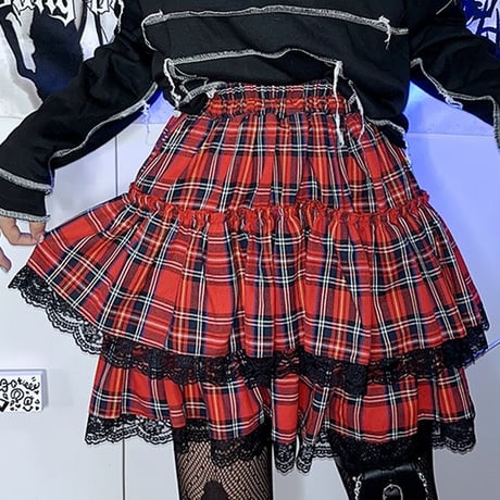 チェック柄 フリルスカート レース ウエストゴム ハイウエスト サブカルチャー ミニスカート Aライン レトロ 韓国ファッション レディース 大人可愛い ガーリー DTC-666303169906