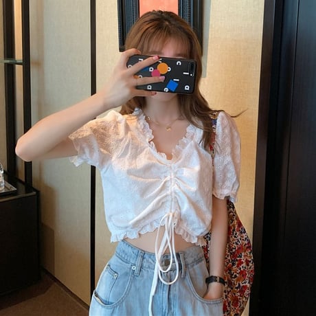 ドローストリング ブラウス フリル レース パフ袖 へそ出し Vネック 半袖 韓国ファッション レディース トップス 薄手 ショート丈 大人可愛い ガーリー  DTC-642653119312
